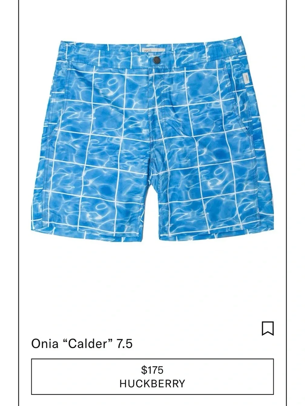 Onia The Calder Swim Trunks Men 32‎ Blue Pool Water Grid Tile Board Shorts 7.5”